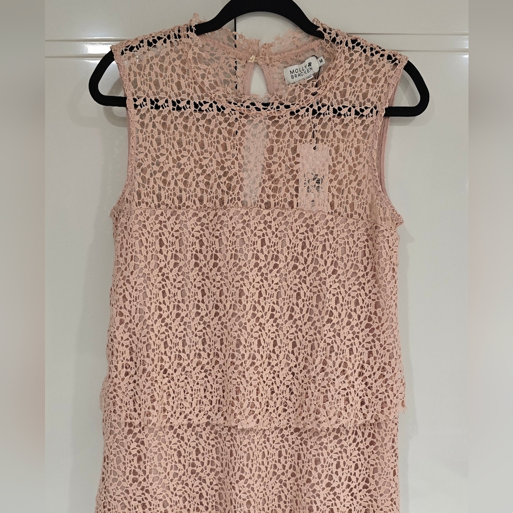 Gorgeous Pink Crochet Lace Sleeveless 3 Tiered Dress By Molly Bracken Size M - Picture 6 of 12